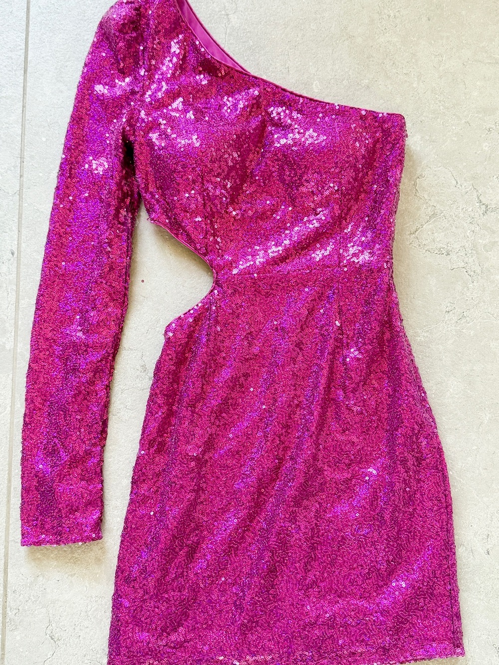 Lulu's One-Shoulder Fuchsia Sequin Cutout Mini Dress